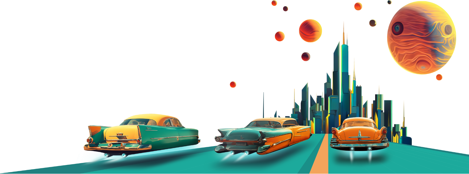 Drei fliegende Autos gleiten auf eine Stadt der Zukunft am Horizont zu. Am Himmel sind mehrere Monde und Planeten zu sehen.